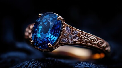 A stunning blue gemstone ring sits elegantly in a dark setting, its intricate design highlighted by delicate floral motifs that emphasize its artistry and value.