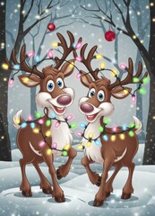 Naklejka premium Cheerful Cartoon Reindeer Colorful Christmas Lights Snowy Forest - Holiday Marketing, Greeting Cards, Festive Decorations