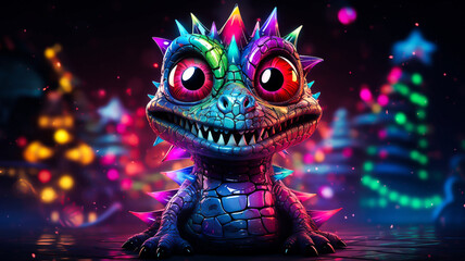 digital creature has a scaly body with vibrant rainbow colors, red eyes, and a toothy grin, wearing black spiked armor against a dark, whimsical background