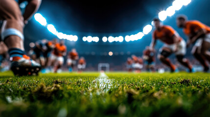 An intense sports game unfolds on a vibrant grassy field under bright stadium lights, capturing the excitement and dynamic energy of this athletic event in progress.