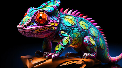 Fototapeta premium neon chameleon scaly body with vibrant rainbow colors, red eyes.