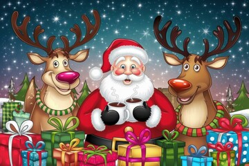 Cheerful Cartoon Santa Claus Reindeer Colorful Christmas Gifts - Festive Holiday Illustration Marketing, Greeting Cards, Social Media