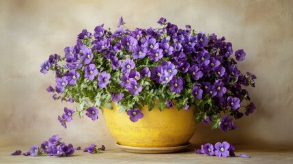 Vibrant Purple Flowers in Yellow Pot Arrangement