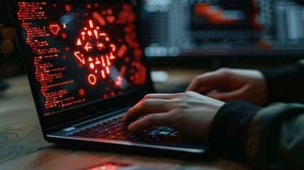 Digital Threats Unveiled: A Person Typing on a Laptop Amidst Holographic Warnings