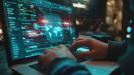 Digital Threats Unveiled: A Person Typing on a Laptop Amidst Holographic Warnings