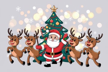 Cheerful Cartoon Santa Claus Reindeer Christmas Tree - Festive Holiday Illustration Christmas Marketing Seasonal Celebrations