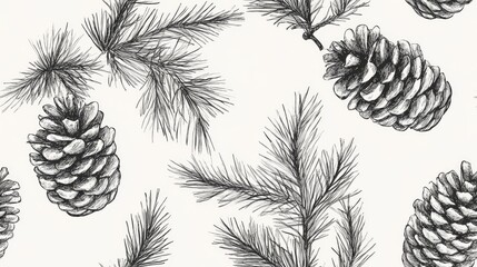 Seamless pattern featuring hand drawn pine branches and cones in a sketch style for a festive theme Raster illustration
