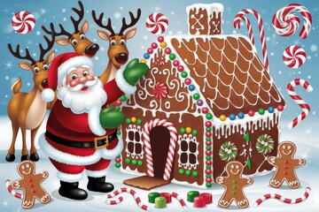 Naklejka premium Whimsical Santa Claus Gingerbread House Reindeer Snowy Winter Wonderland - Christmas Marketing Materials Holiday Promotions