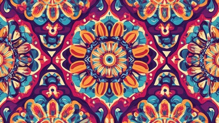 Seamless geometric pattern design featuring intricate shapes and vibrant colors ideal for textile printing and modern decor