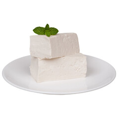 Two blocks of tofu on a white plate isolated transparent