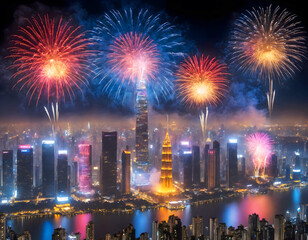 Obraz premium A breathtaking aerial view of a bustling city skyline illuminated by a dazzling fireworks display