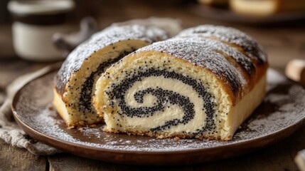 Poppy Seed Roll with Creamy Filling on Wooden Plate