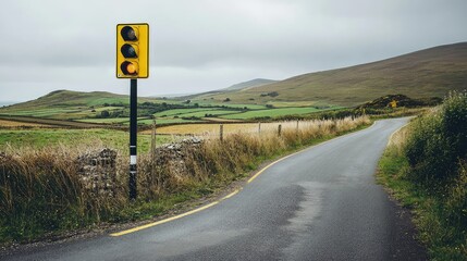 Traffic Light on a Scenic Country Road Surrounded by Green Fields and Rolling Hills Under a Cloudy Sky in a Rural Area