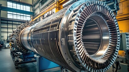 Obraz premium Detailed View of a Large Industrial Turbine Engine in a Well-Lit Workshop with Advanced Machinery and Equipment for Aviation or Power Generation