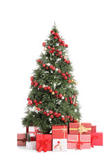 Christmas tree with gift boxes on white background