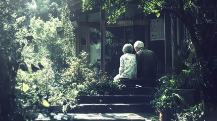 Fototapeta premium An elderly couple sits together on a porch surrounded by lush greenery, enjoying a quiet moment.
