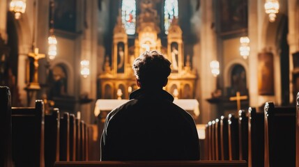 A man sits in a church pew, looking towards the altar, with the stained glass windows in the background.