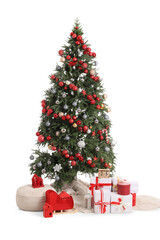 Beautiful Christmas tree with gifts, sled, houses, cube calendar and lantern on white background