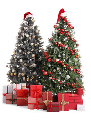 Beautiful Christmas trees with gifts and Santa hat on white background