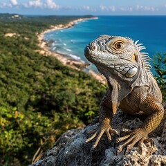 Fototapeta premium Lizard in nature coastal landscape wildlife photography tropical environment close-up view biodiversity conservation