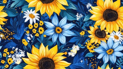Traditional seamless background with blue spring theme and sunflowers