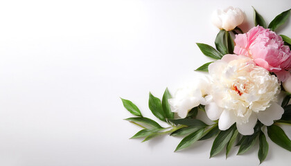 Fresh Peony flower garland foliage on side position provides copy space for text. background concept isolated white