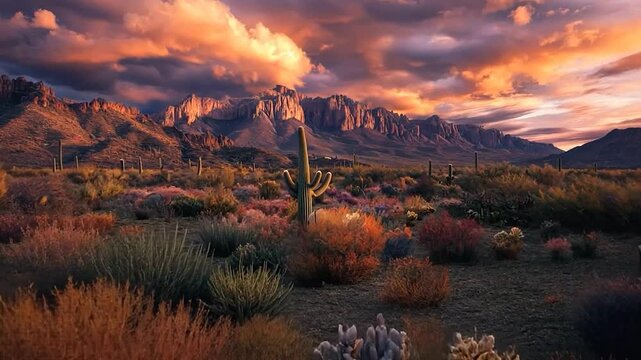 Aerial 4k Drone View of Sonoran Desert with Saguaro Cacti and Mountains in Arizona on a bright sunset showing Usery Mountain Regional Park and Lost Dutchman State Park