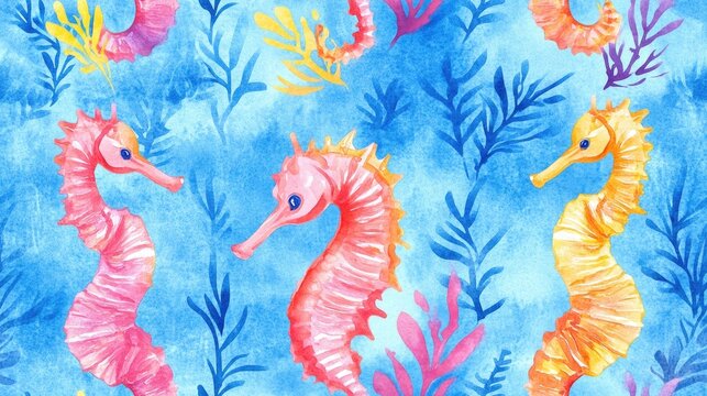 Seamless watercolor pattern featuring seahorses Vibrant summer design suitable for various applications