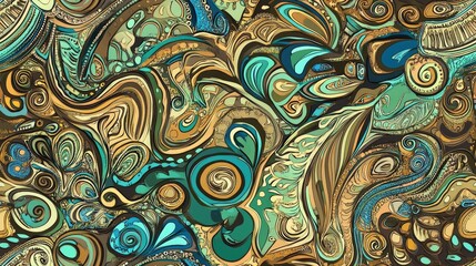 Colorful ethnic doodle texture featuring shades of brown green and blue Seamless tracery pattern in Mehndi style Curved doodling background Raster illustration