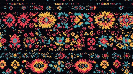 Embroidered seamless ethnic ornament featuring cross stitch design on a black background Bohemian mat with influences from Mexican chenille Georgian motifs and Slavic thematic patterns