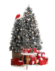 Christmas trees with gifts, coffee table with candies, cup of drink and small fir trees on white background