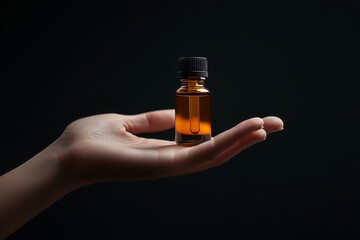 Amber Glass Dropper Bottle in Hand on Black Background