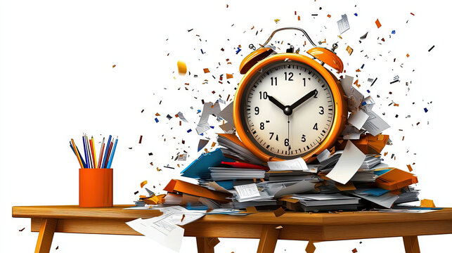 burnout at the desk Clock exploding with papers, symbolizing workplace stress.  stress Clock exploding with papers, symbolizing workplace stress.  monotony