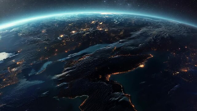 Aerial view of a continent at night with city lights