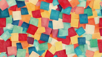 Overlapping small multi colored squares create a textured background and pattern resembling freehand and hand drawn art
