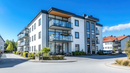 Modern Apartment Building with Clear Blue Sky