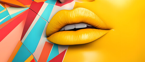 Abstract Yellow Lips with Geometric Background  Colorful Beauty Art, Abstract Yellow Lips with Geometric Background  Colorful Beauty