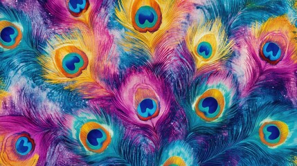 Seamless tie dye pattern featuring vibrant peacock motifs with shibori influences ideal for stylish swimwear and textile design