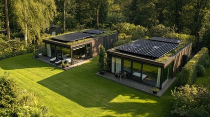 Naklejka premium Modern Houses with Solar Panels in Green Landscape