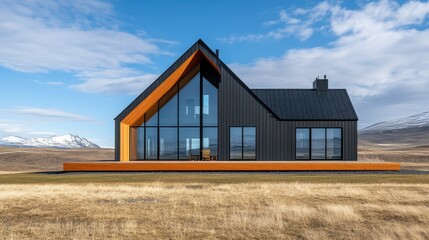 Obraz premium Modern House with Mountain View and Open Landscape