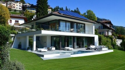 Obraz premium Modern Sustainable Home with Solar Panels and Landscape