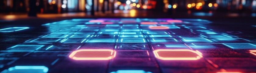 A vibrant, illuminated pavement with glowing tiles in a city setting at night.