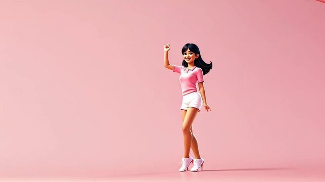 A girl of a cartoon character dancing on pastel background in 4k graphics animation