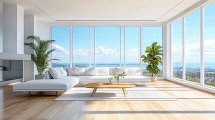 Fototapeta premium Modern bright living room with large windows and views