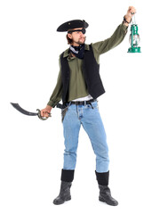 Young pirate with lantern and sword on white background