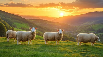 Fototapeta premium Serene Sheep Near Sunset in Rolling Hills
