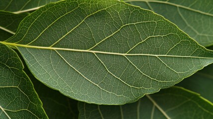 Fototapeta premium Close-up of a vibrant green leaf with intricate vein patterns.