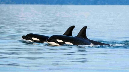 Fototapeta premium Three Orcas Swimming in Calm Ocean Waters