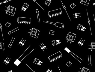 pattern of radio components, microcircuits, various electronic components on a black background