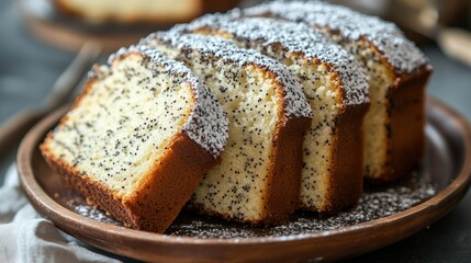 Freshly Baked Poppy Seed Cake Slices on Wooden Plate